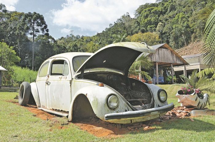 Arciléa planejava fazer um jardim em um trator, mas mudou de ideia ao ganhar um Fusca velho de um amigo, em 2014 (Foto: Arciléa Zaager Bermudes)