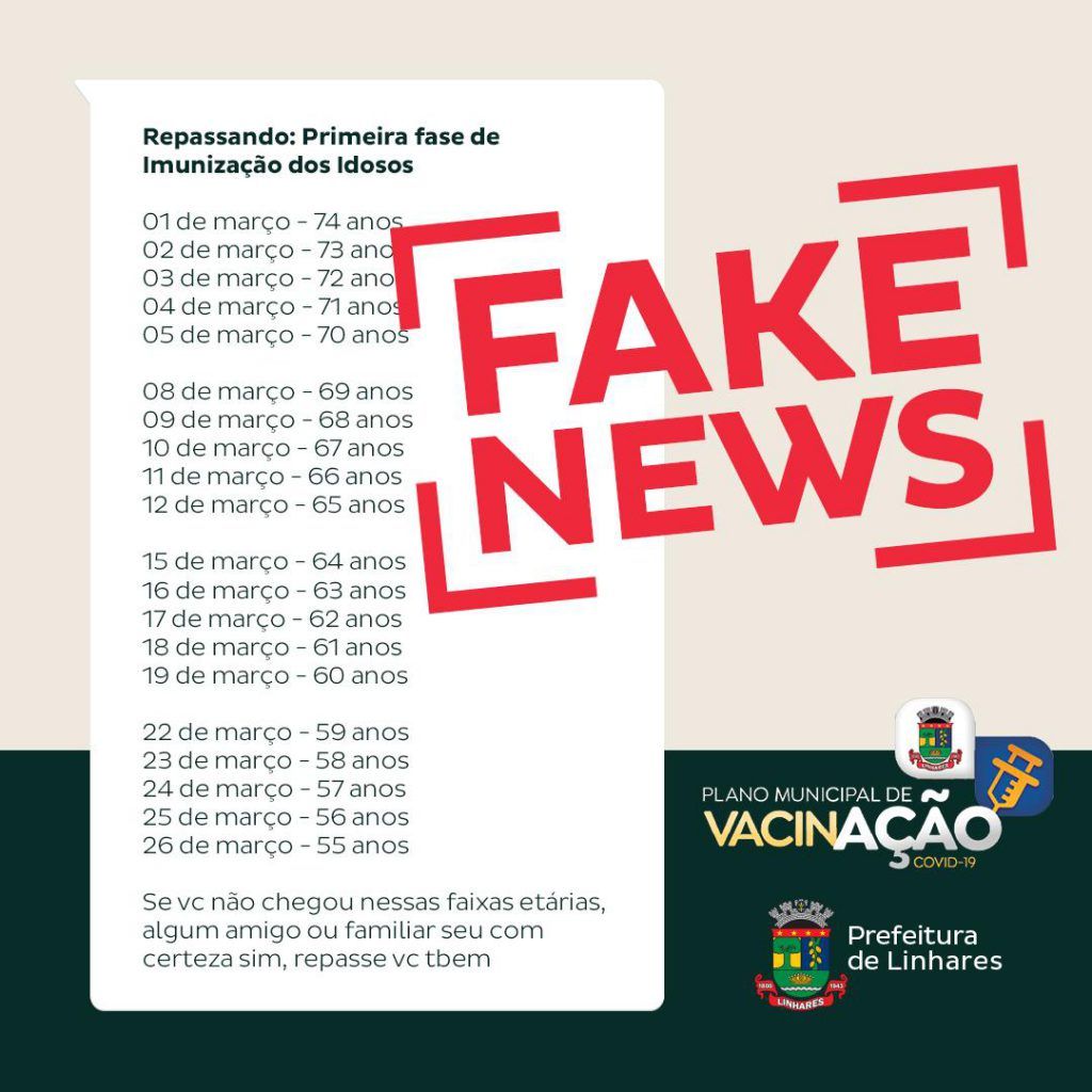 Calendário é falso da campanha de vacinação contra covid-19 em Linhares (Foto: Divulgação/Prefeitura de Linhares)