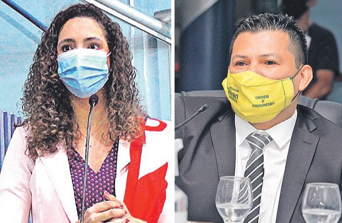 Karla exibiu símbolo do PT e foi criticada por Gilvan, que já usou a do Brasil imperial. Lei proíbe o uso de bandeiras (Foto: Fotos: Câmara de Vitória e Fábio Nunes — 01/01/2021)