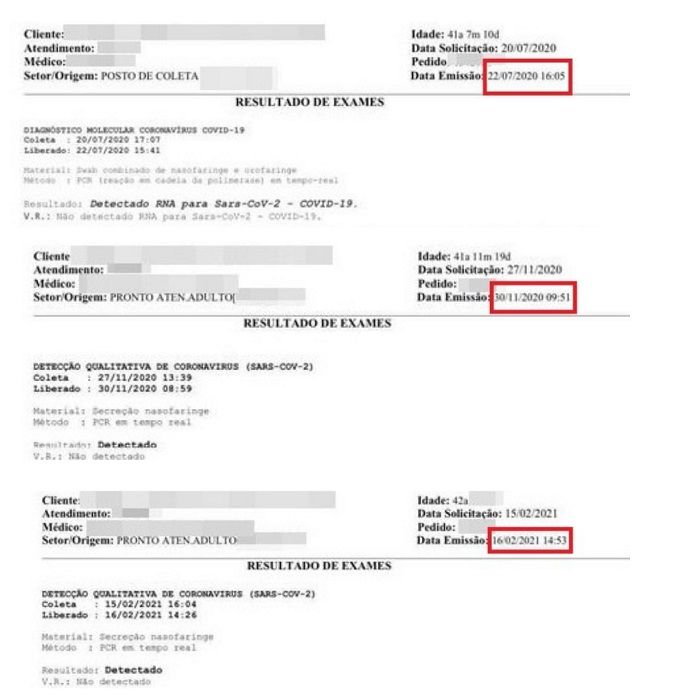 Resultados de testes feitos pela moradora (Foto: Divulgação)