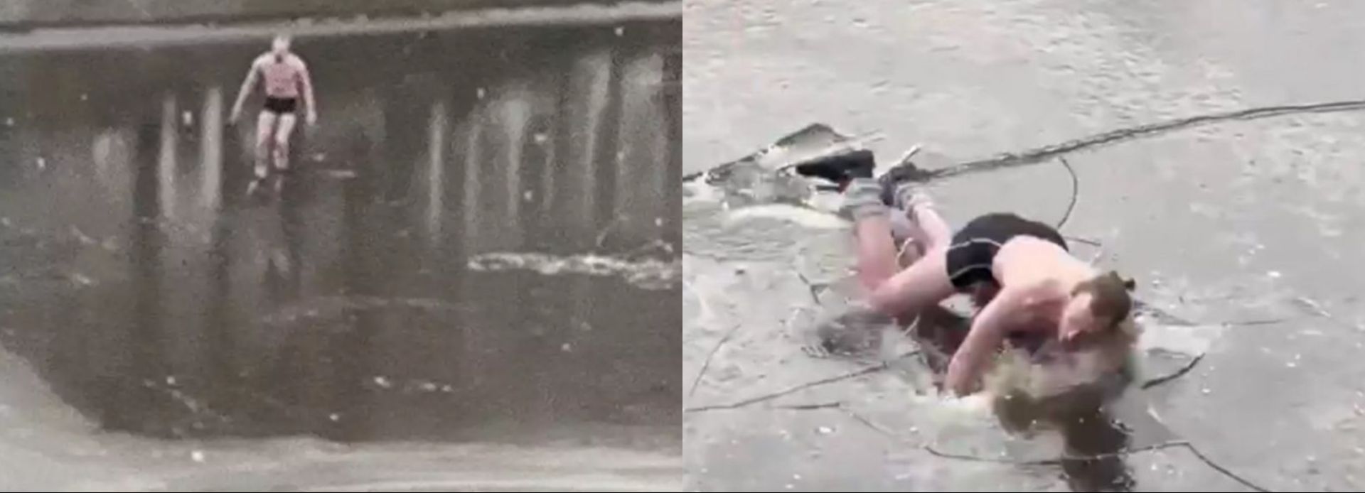 Homem que patinava de sunga cai em canal congelado (Foto: Reprodução/Twitter)