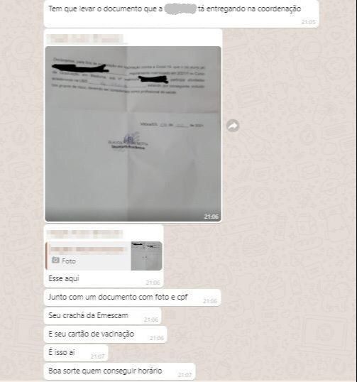 Vacinação de estudantes da área de saúde gera polêmica (Foto: Reprodução/Whatsapp)