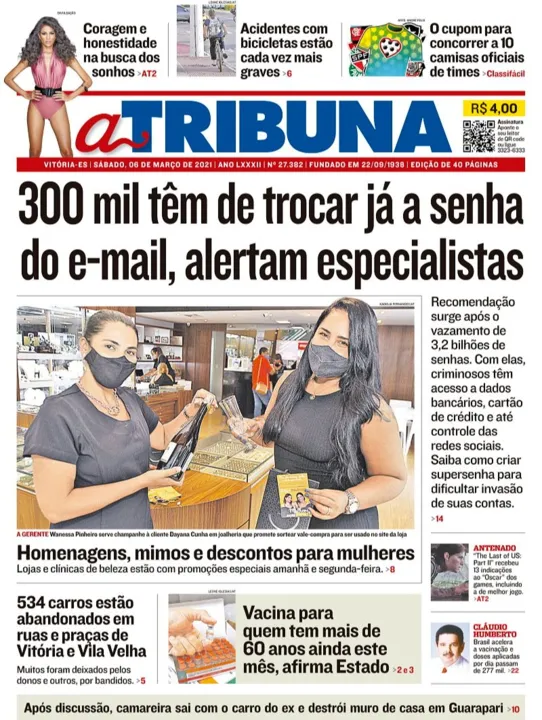 Imagem ilustrativa da imagem Clique aqui e veja os destaques do jornal A Tribuna deste sábado