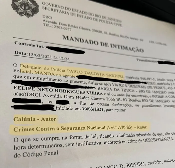Imagem ilustrativa da imagem Felipe Neto é intimado a depor após chamar Bolsonaro de genocida