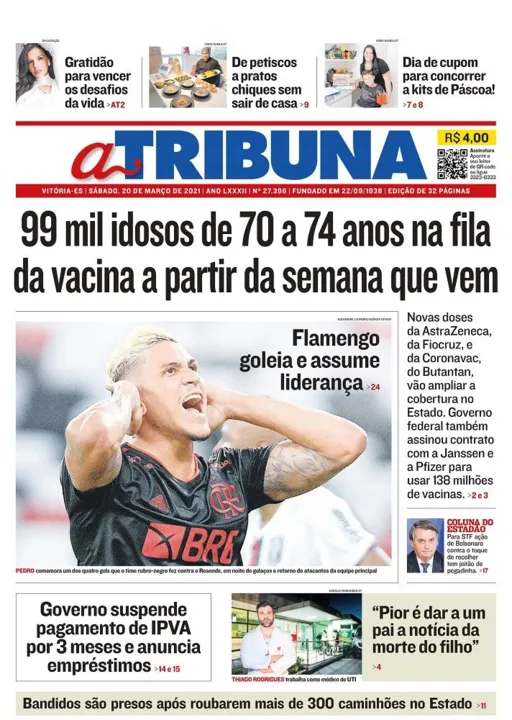 Imagem ilustrativa da imagem Confira os destaques do jornal A Tribuna deste sábado