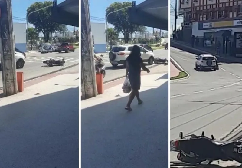Um vídeo gravado mostrou toda a ação e nas imagens é possível ver o veículo arrastando uma moto preta que estava caída numa faixa de pedestres
