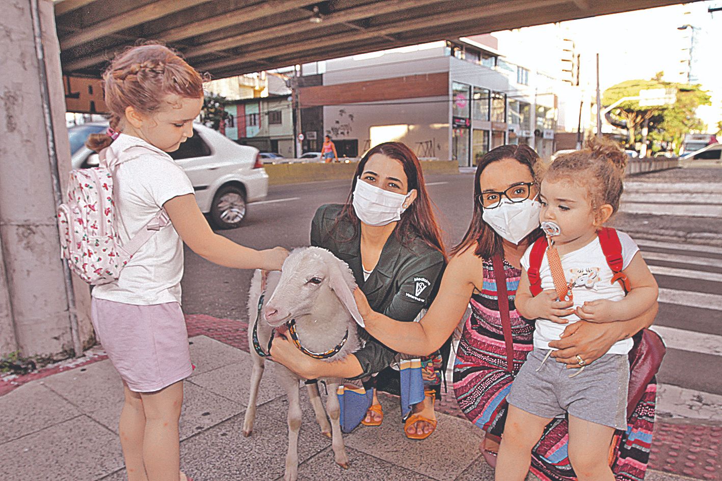 As crianças Méabh e Aoife, a mãe delas, Adriana, e a veterinária Kristal (de preto): carinho no cordeiro Tapioca (Foto: Beto Morais)