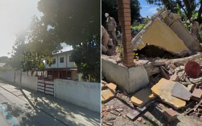 Antes e depois da casa que desabou no bairro Jardim Atlântico, na Serra (Foto: Reprodução/Google Street View | Reprodução/Redes Sociais)