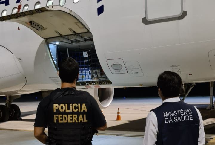 Avião que transportou lote com 84.600 doses da Coronavac chegou de madrugada ao Aeroporto de Vitória. (Foto: Divulgação/Sesa)