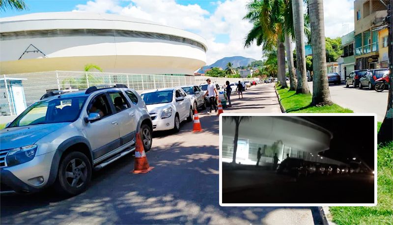 Fila de carros com pacientes para serem vacinados contra a covid começou a ser formada na noite de quarta (destaque) e seguiu até a manhã desta quinta (Foto: Clóvis Rangel e Reprodução / Redes Sociais)