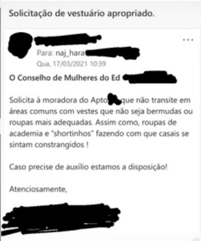 Na mensagem, vizinhas pediam que ela não circulasse pelas áreas comuns do prédio com roupas de academia e "shortinhos" (Foto: Divulgação)