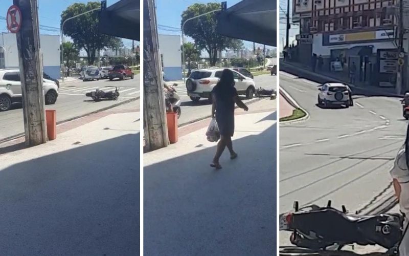 Um vídeo gravado mostrou toda a ação e nas imagens é possível ver o veículo arrastando uma moto preta que estava caída numa faixa de pedestres (Foto: Reprodução)