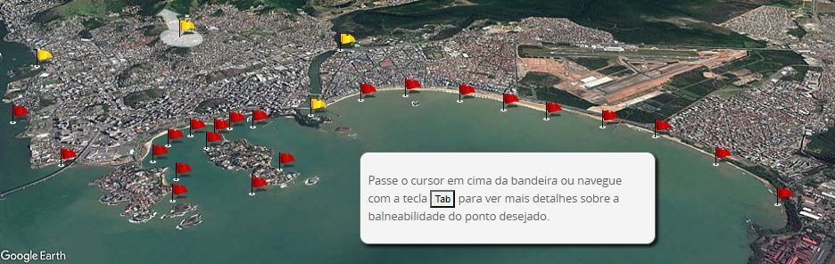 Bandeiras vermelhas indicam local impróprio e amarelas mostram os locais interditados para banho (Foto: Reprodução/ Prefeitura de Vitória)