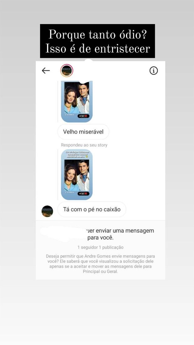 Tarcísio Meira postou nas redes sociais os insultos de um internauta (Foto: Reprodução / Instagram)