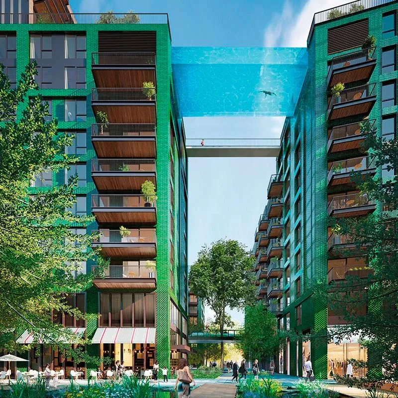Imagem ilustrativa da imagem Piscina transparente liga dois prédios a 35 metros de altura
