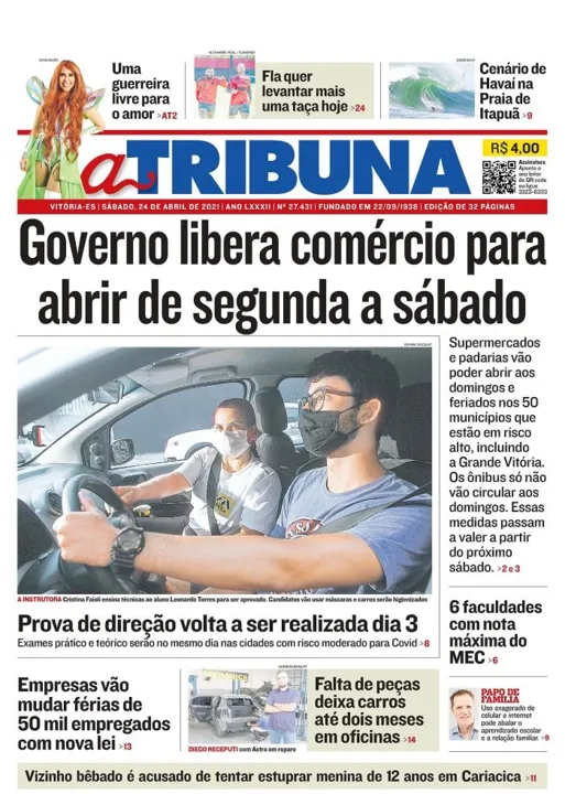 Imagem ilustrativa da imagem Clique aqui e veja os destaques do jornal A Tribuna deste sábado