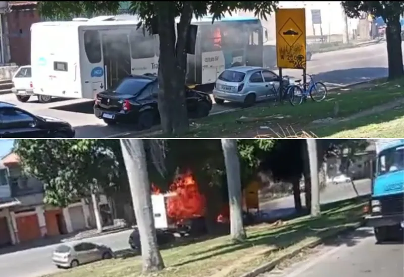 Imagem ilustrativa da imagem Bandidos encapuzados expulsam passageiros e colocam fogo em ônibus na Serra