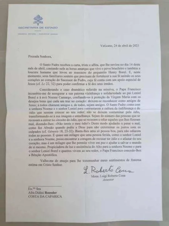 Imagem ilustrativa da imagem Papa Francisco envia carta para pai de Henry Borel em gesto de solidariedade