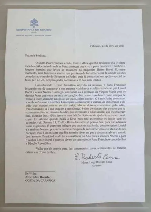 Imagem ilustrativa da imagem Papa Francisco envia carta para pai de Henry Borel em gesto de solidariedade