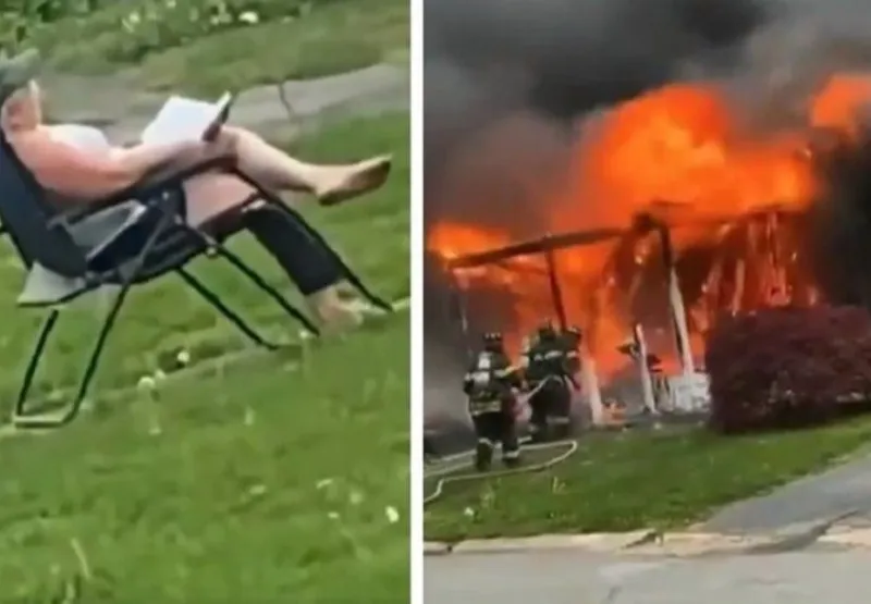 A mulher se sentou em frente a própria residência em chamas e assistiu ao incêndio lendo um livro