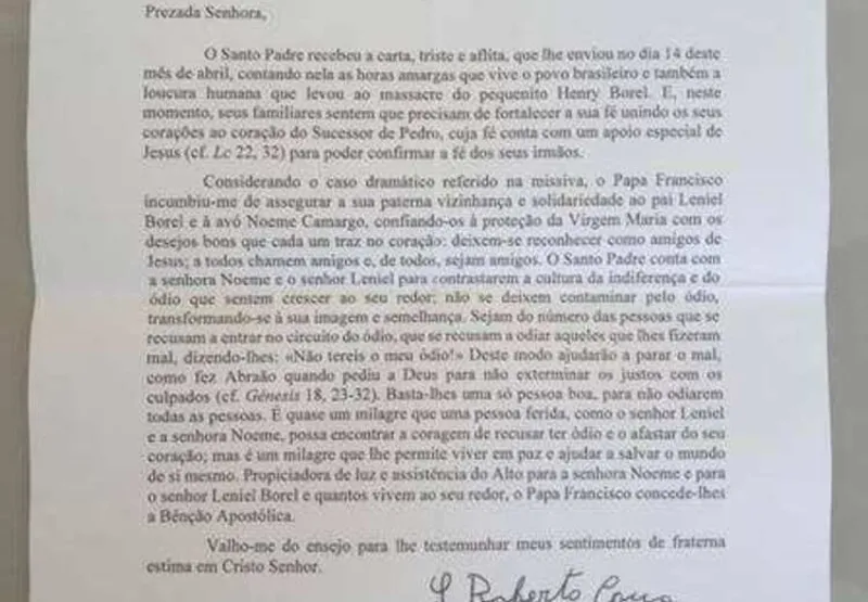 Papa Francisco envia carta para pai de Henry Borel em gesto de solidariedade