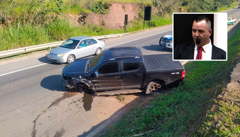 Carro em que o vereador Wilian da Elétrica (destaque) estava foi danificado com o impacto (Foto: Divulgação / Reprodução Facebook)