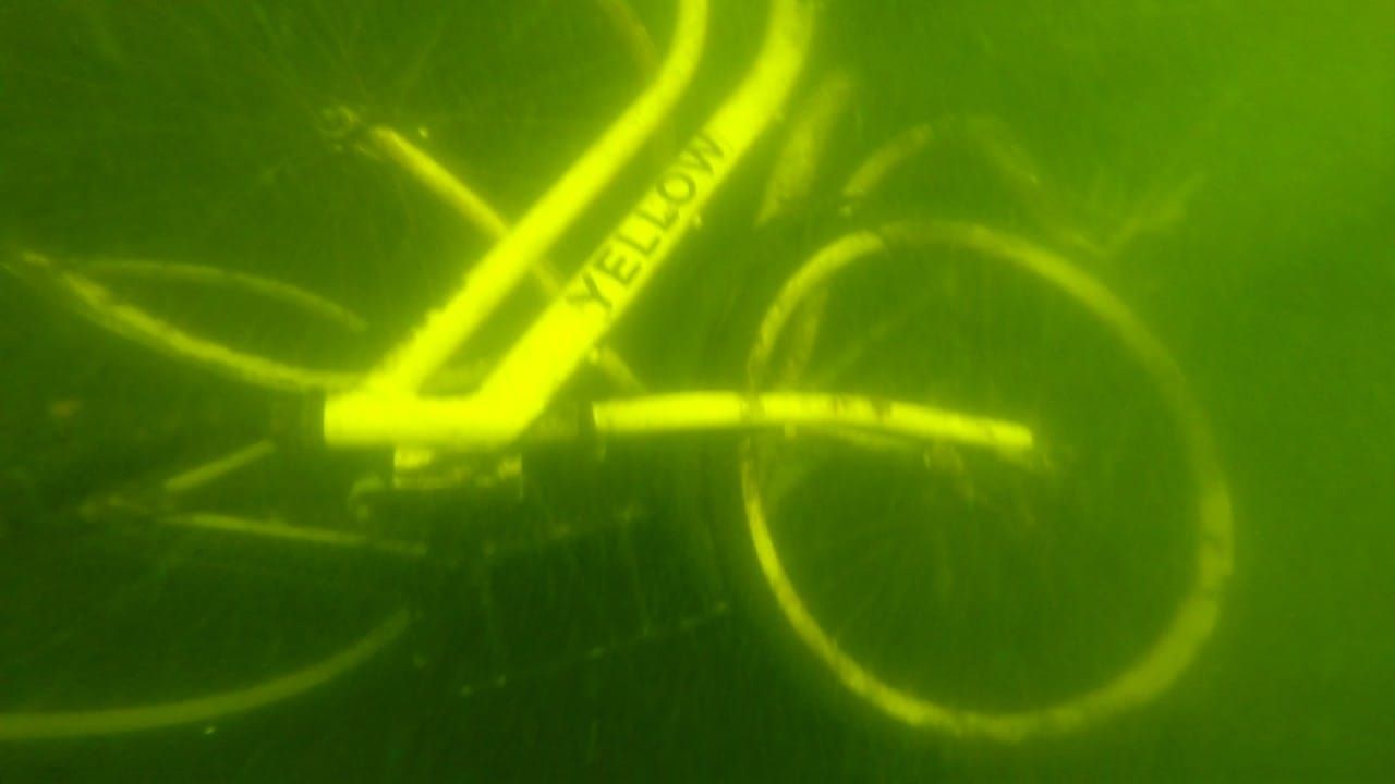 Bicicleta da Yellow foi encontrada em lago de pedreira (Foto: Divulgação / Corpo de Bombeiros)