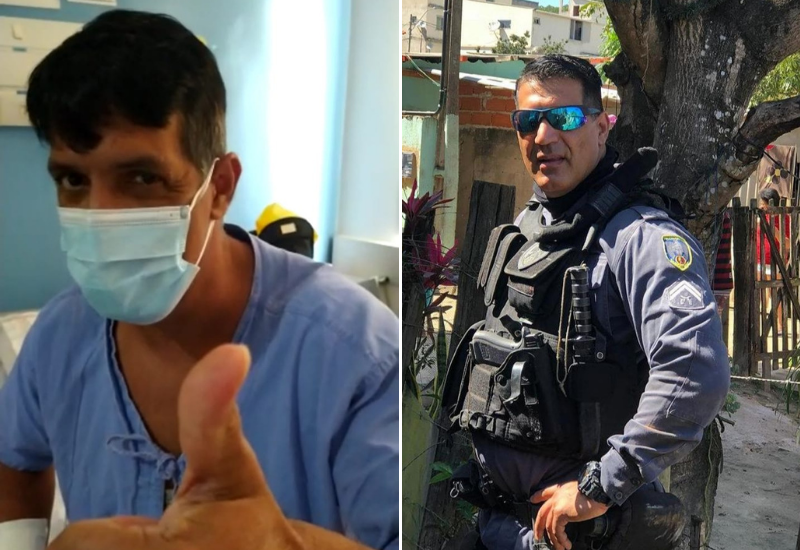Frame do vídeo gravado pelo policial no hospital; e um registro em um dia de trabalho (Foto: Reprodução/Redes Sociais)