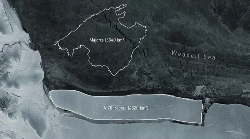 O A-76, que tem 4.320 quilômetros quadrados, se quebrou da costa da Antártica e está à deriva no Mar de Weddell (Foto: Divulgação/European Space Agency)