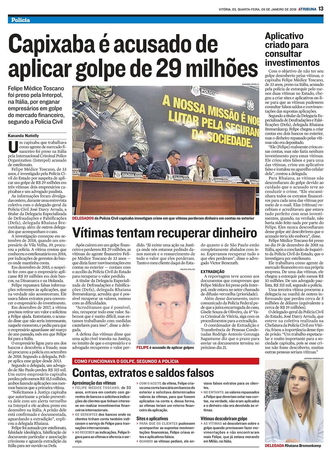 Matéria publicada no Jornal A Tribuna, na época em que Felipe foi preso na Itália (Foto: Jornal A Tribuna)