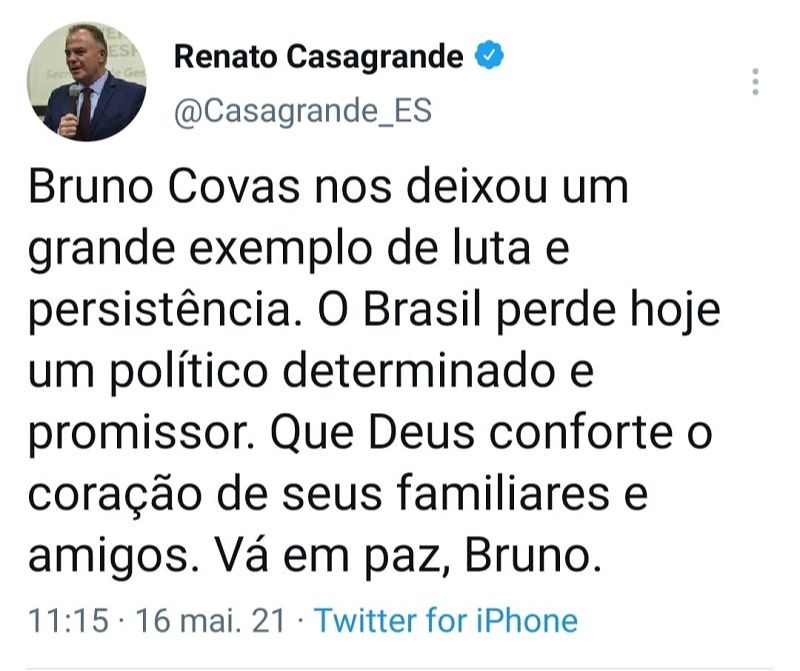 Morte de Bruno Covas gera comoção no meio político (Foto: Reprodução/Twitter)