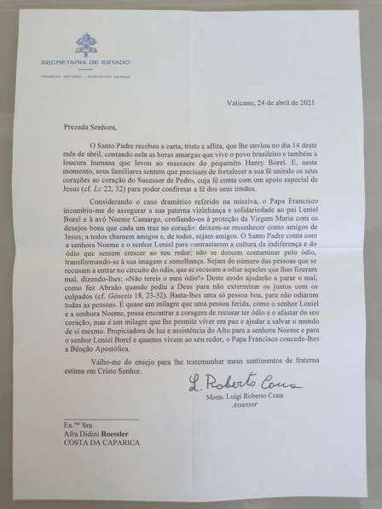 Papa Francisco envia carta para pai de Henry Borel em gesto de solidariedade (Foto: Divulgação)
