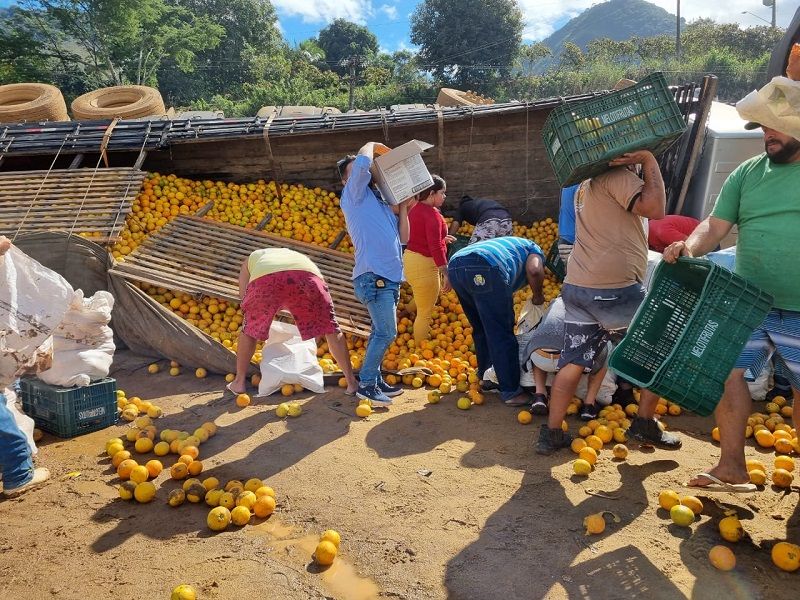 Carga de laranja foi recolhida por quem passava pela rodovia em Guarapari (Foto: Roberta Bourguignon)