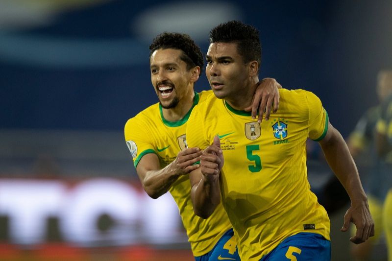 Casemiro comemora gol no duelo contra a Colômbia pela Copa América (Foto: Lucas Figueiredo/CBF)