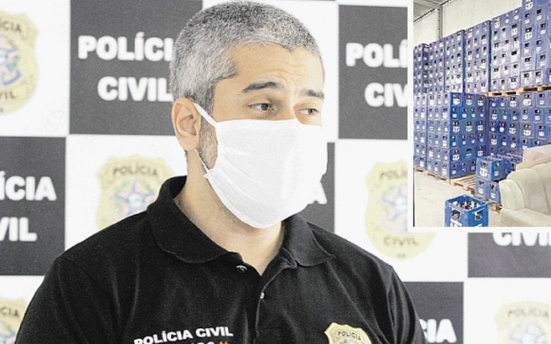 delegado  Brenno Andrade conduziu suspeito à  delegacia. Em depósito (destaque) haveria carga roubada (Foto:  Fábio Nunes - 30/10/2020 e reprodução de vídeo)