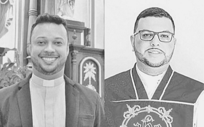 Padre Fernando (esquerda) e padre Kleber (direita) fizeram a ordenação juntos (Foto: Fotos: Divulgação Arquidiocese de Vitória)
