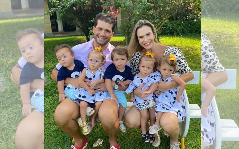 Os pais Mariana e Jayme com os quíntuplos (Foto: Acervo Pessoal)