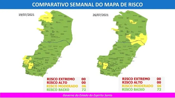 Imagem ilustrativa da imagem Mapa de risco traz 6 cidades no risco moderado de contágio. Veja a lista