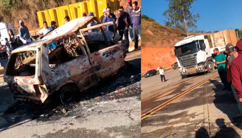 O carro pegou fogo e três passageiros podem ter morrido carbonizados (Foto: Reprodução de vídeo)