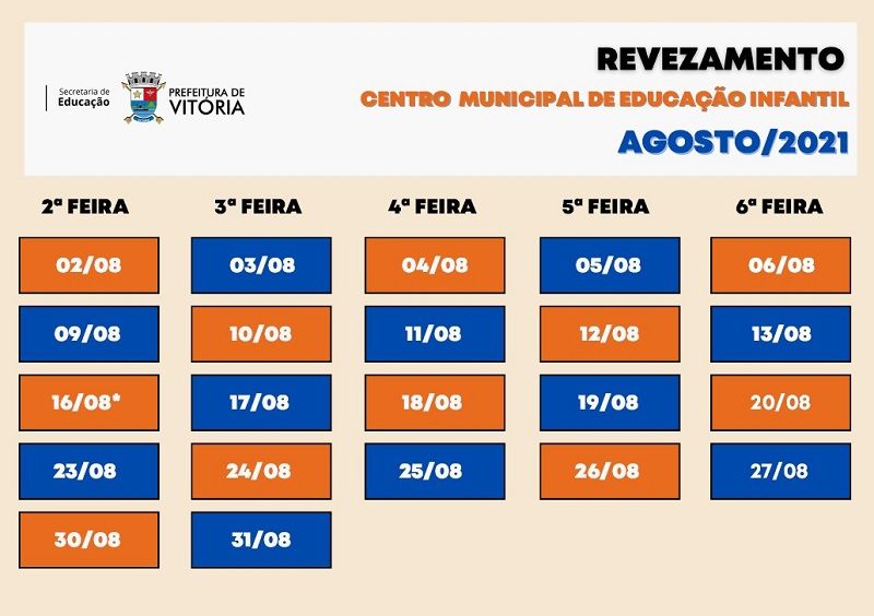 Calendário de revezamento diário com base nas cores de cada grupo. (Foto: Divulgação/PMV)