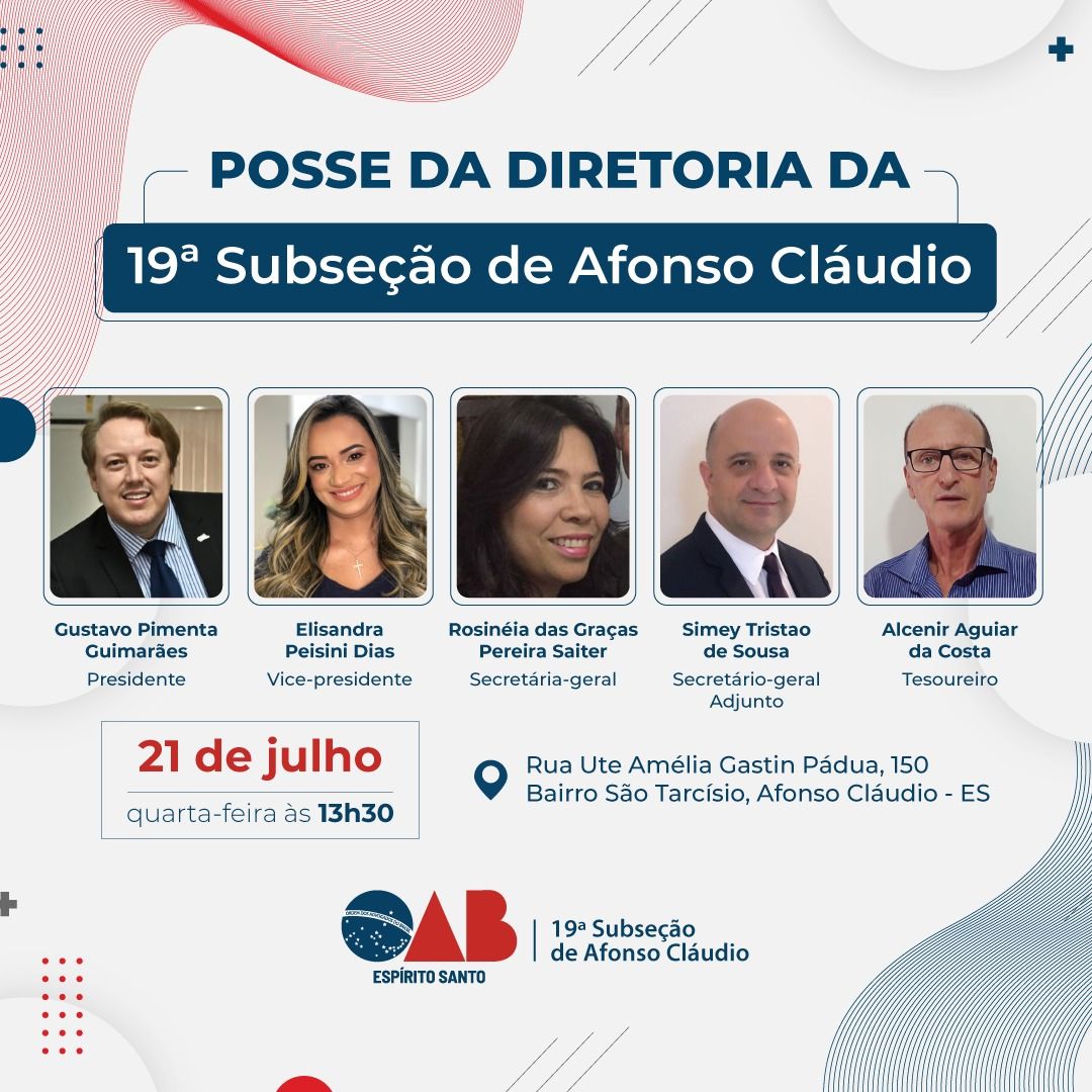 Nesta quarta-feira (21), acontece a posse da Diretoria da 19ª Subseção de Afonso Cláudio