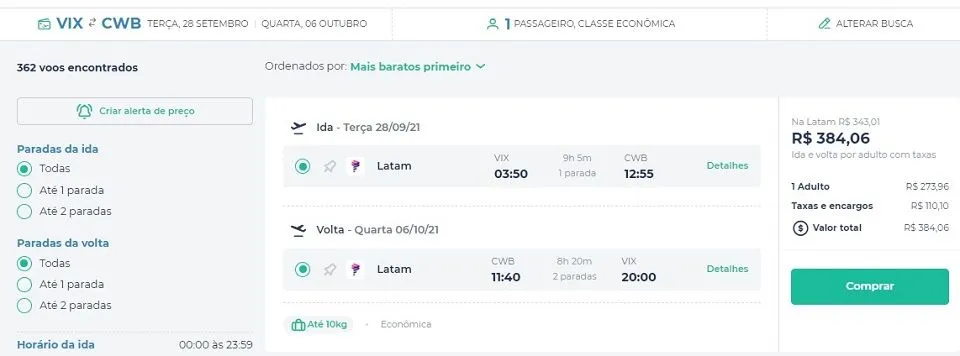 Imagem ilustrativa da imagem Passagens aéreas de ida e volta de Vitória para Curitiba por apenas R$ 384; confira outras ofertas