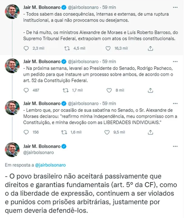 Imagem ilustrativa da imagem Bolsonaro vai acionar o Senado contra dois ministros do STF
