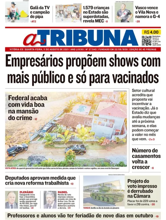 Imagem ilustrativa da imagem Clique aqui e veja os destaques do jornal A Tribuna desta quarta