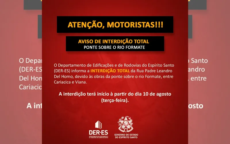 Imagem ilustrativa da imagem DER interdita rua em Cariacica para reconstrução da ponte sobre o rio Formate