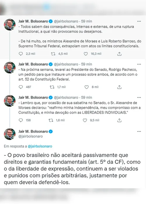 Imagem ilustrativa da imagem Bolsonaro vai acionar o Senado contra dois ministros do STF