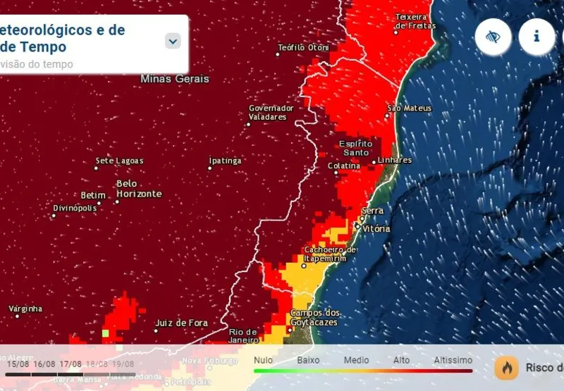 Áreas em vermelho no mapa indicam risco elevado de incêndio devido à alta temperatura