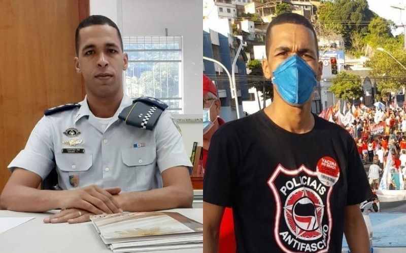 Sousa com a farda da PM e, ao lado, em manifestação: “Há policiais que ofendem o STF e o governador. Por que não investigam esse tipo de manifestação?” (Foto: Reprodução/Acervo Pessoal)