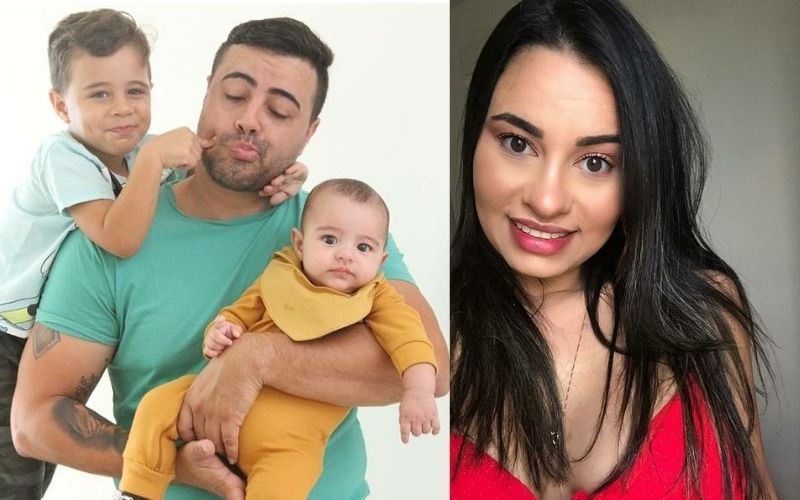 Policial Victor Gatto com os filhos Heitor e José: desafio de ser pai após perder a mulher Taíssa (ao lado) logo após o parto, este ano (Foto: Leone Iglesias / AT e acervo de família)