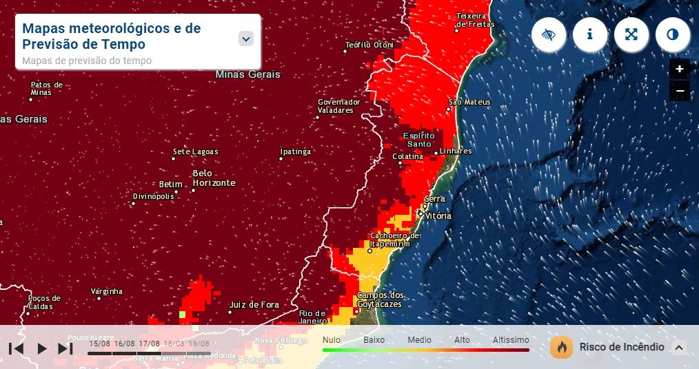 Áreas em vermelho no mapa indicam risco elevado de incêndio devido à alta temperatura (Foto: Reprodução / Climatempo)